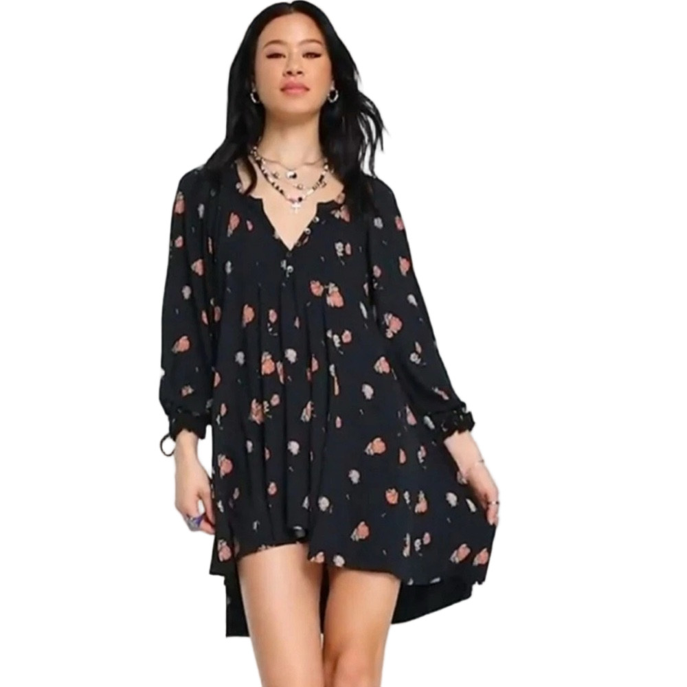 ⛵️Free people We The Free Black Floral tunic dress oversized size M GUC..
